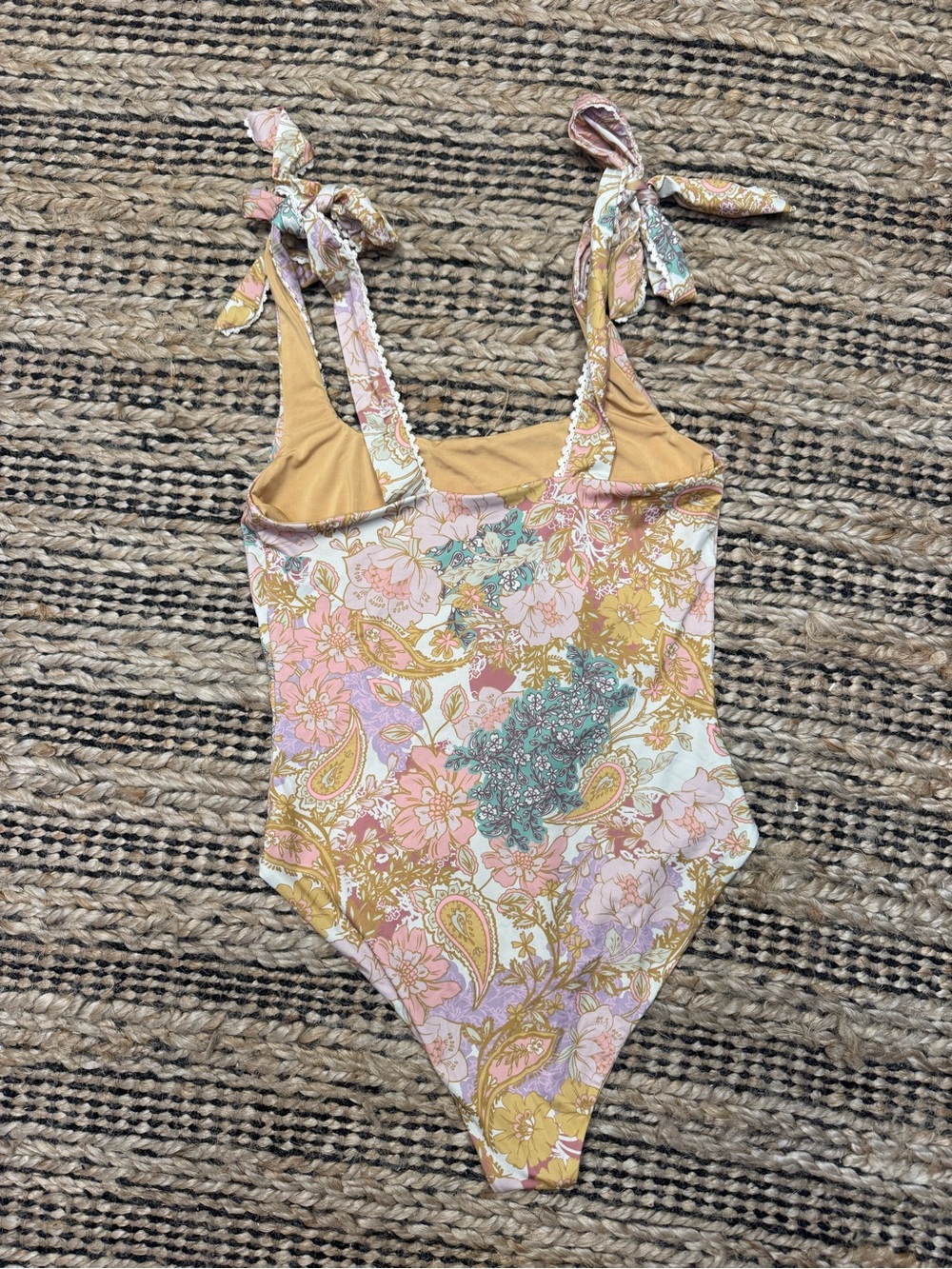 Beach Riot Floral Paisley Tie-Shoulder One-Piece in Pink, Mustard & Cream - Picture 2 of 5